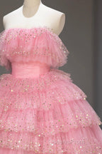 Ball Gown Pink Tulle Sequins Long Evening Prom Evening Dress, Beautiful Pink Strapless Sweet 16 Dress
