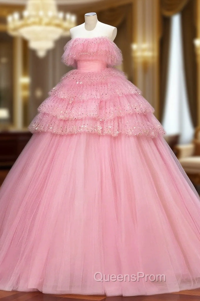 Ball Gown Pink Tulle Sequins Long Evening Prom Evening Dress, Beautiful Pink Strapless Sweet 16 Dress Main image