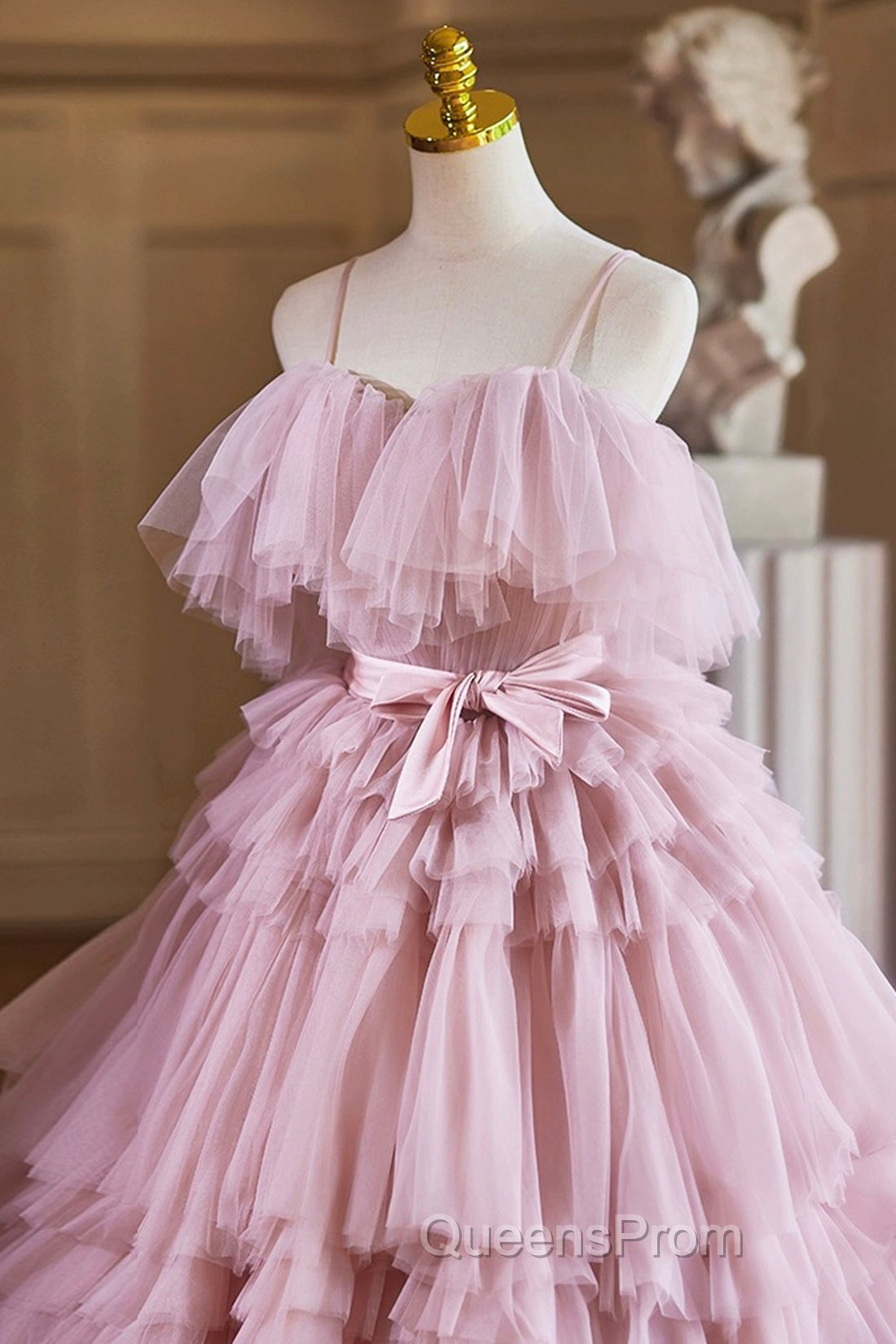 Ball Gown Pink Tulle Spaghetti Strap Long Evening Prom Evening Dress, Pink Sweet 16 Dress