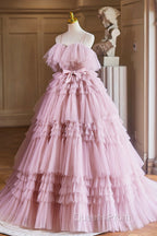 Ball Gown Pink Tulle Spaghetti Strap Long Evening Prom Evening Dress, Pink Sweet 16 Dress