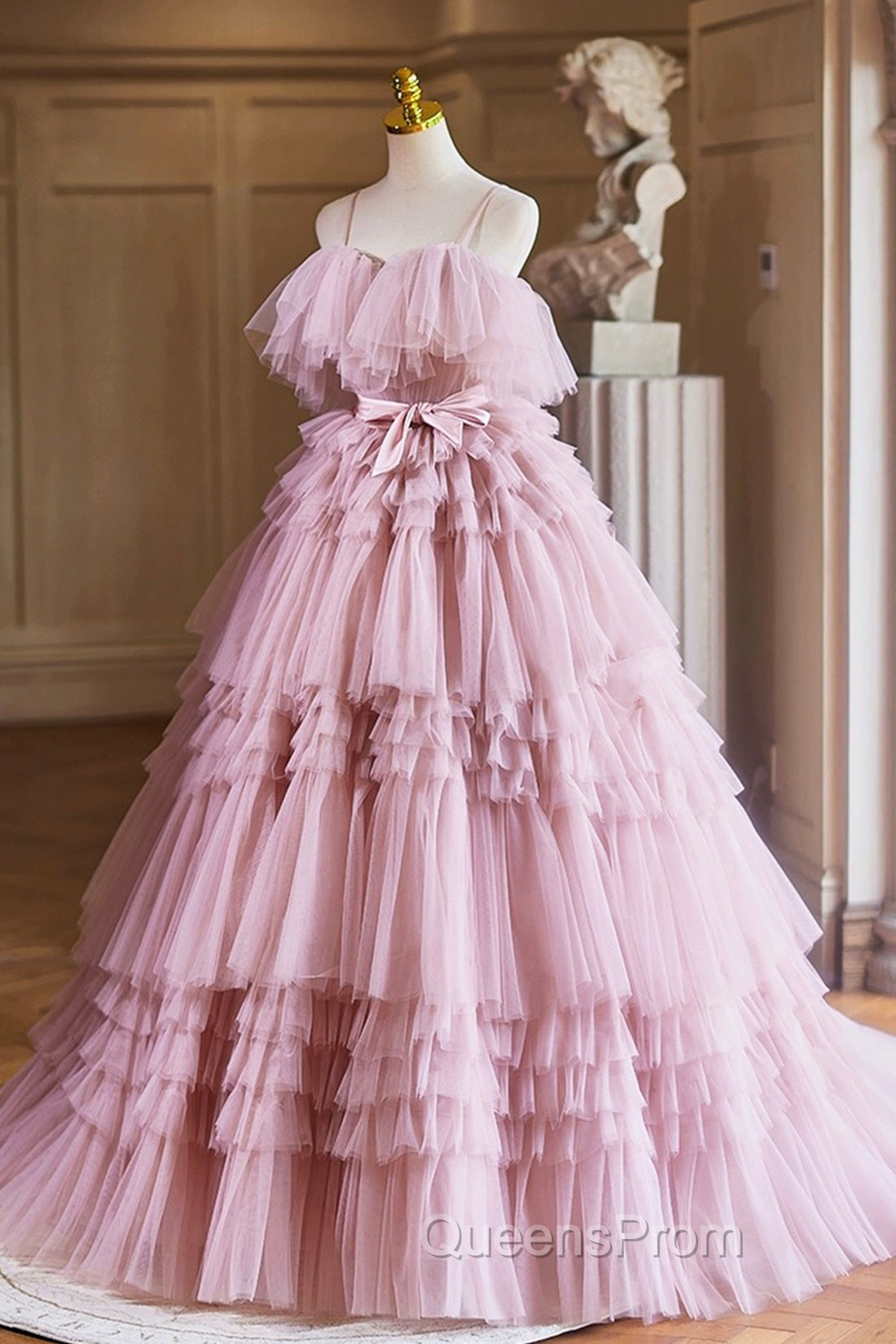 Ball Gown Pink Tulle Spaghetti Strap Long Evening Prom Evening Dress, Pink Sweet 16 Dress