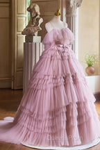 Ball Gown Pink Tulle Spaghetti Strap Long Evening Prom Evening Dress, Pink Sweet 16 Dress