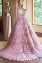 Ball Gown Pink Tulle Spaghetti Strap Long Evening Prom Evening Dress, Pink Sweet 16 Dress