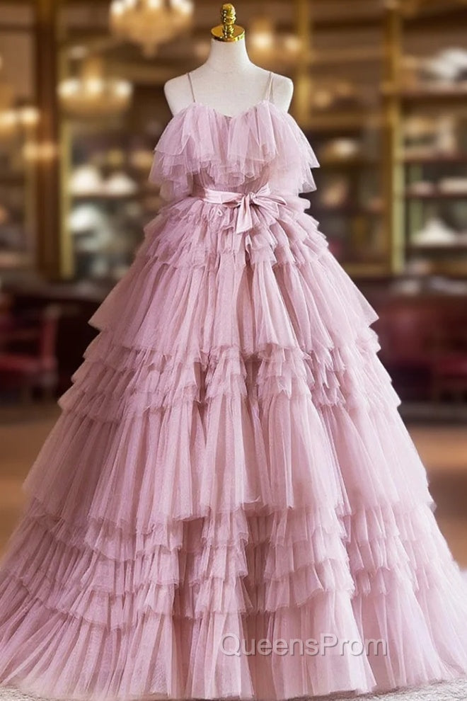 Ball Gown Pink Tulle Spaghetti Strap Long Evening Prom Evening Dress, Pink Sweet 16 Dress Main image