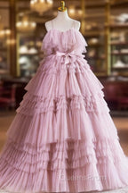 Ball Gown Pink Tulle Spaghetti Strap Long Evening Prom Evening Dress, Pink Sweet 16 Dress