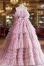 Ball Gown Pink Tulle Spaghetti Strap Long Evening Prom Evening Dress, Pink Sweet 16 Dress