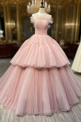 Ball Gown Pink Tulle Strapless Long Evening Prom Evening Dress, Pink Sweet 16 Dress