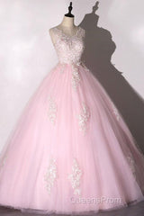 Ball Gown Pink V-Neck Evening Prom Dress Tulle Applique Long Evening Dress
