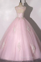 Ball Gown Pink V-Neck Evening Prom Dress Tulle Applique Long Evening Dress