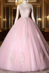 Ball Gown Pink V-Neck Evening Prom Dress Tulle Applique Long Evening Dress