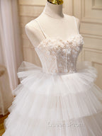 Ball-Gown/Princess Tulle White Long Evening Prom Dress With Beading Flower Cascading Ruffles