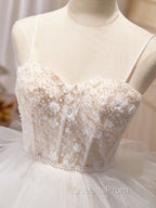 Ball-Gown/Princess Tulle White Long Evening Prom Dress With Beading Flower Cascading Ruffles