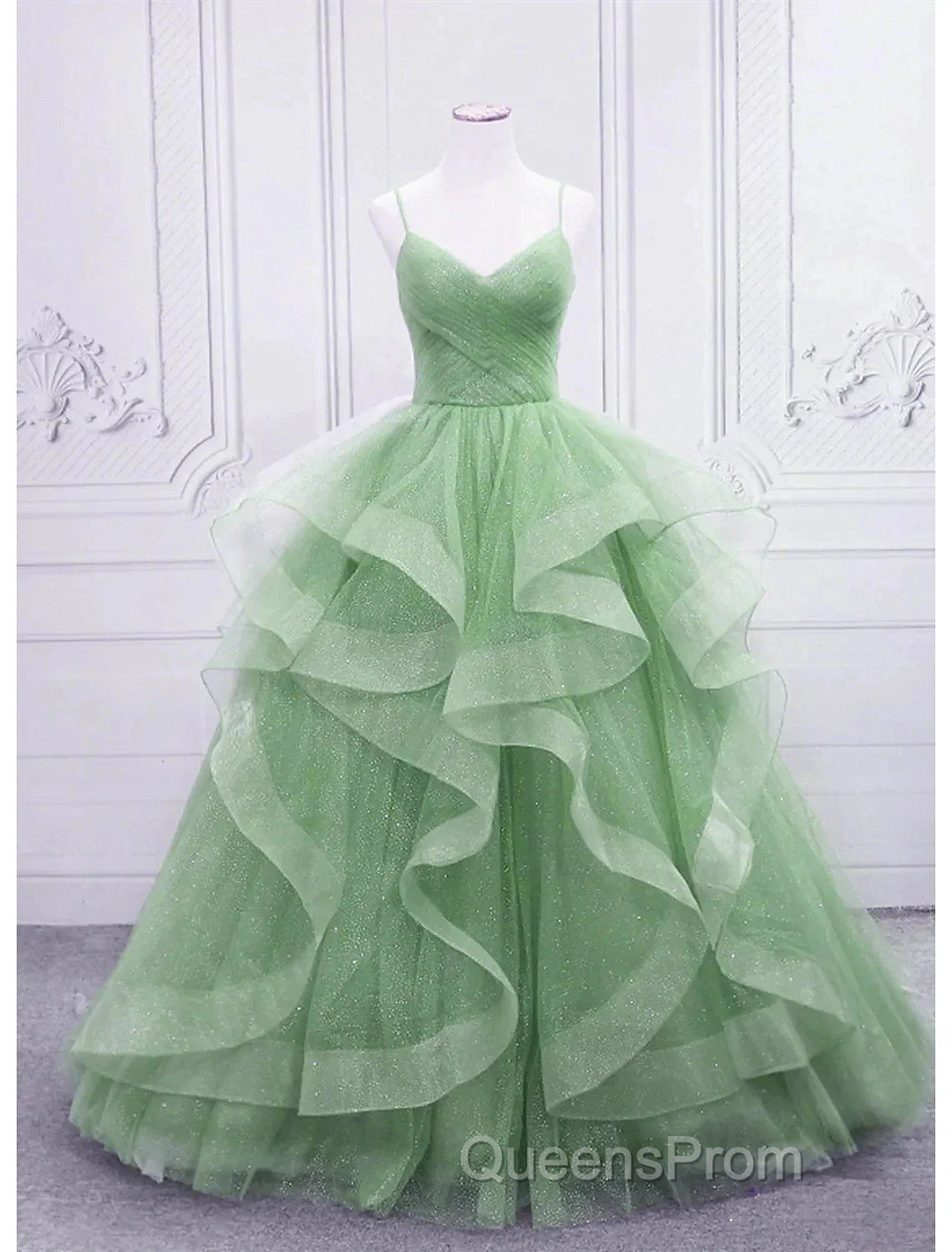 Ball Gown Evening Prom Dress Glittering Dress Formal Floor Length Sleeveless V Neck Tulle With Glitter Ruffles