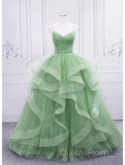 Ball Gown Evening Prom Dress Glittering Dress Formal Floor Length Sleeveless V Neck Tulle With Glitter Ruffles