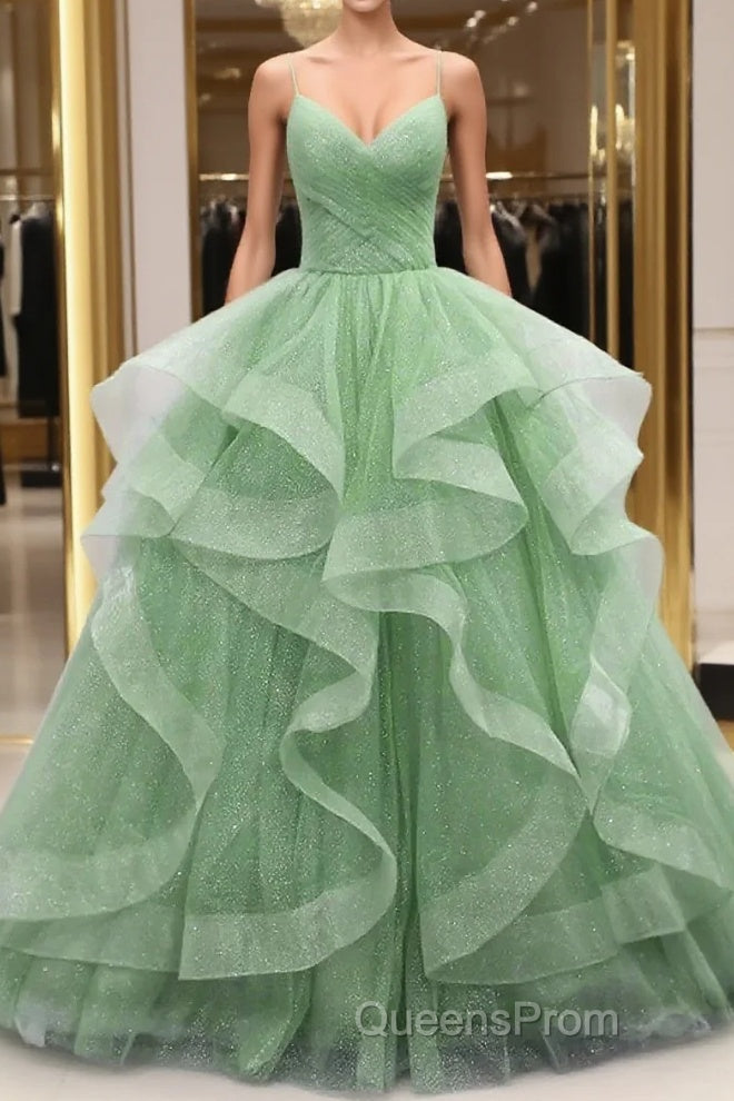 Ball Gown Evening Prom Dress Glittering Dress Formal Floor Length Sleeveless V Neck Tulle With Glitter Ruffles Main image