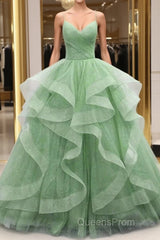 Ball Gown Evening Prom Dress Glittering Dress Formal Floor Length Sleeveless V Neck Tulle With Glitter Ruffles