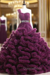 Ball Gown Purple One Shoulder Tulle Ruffle Crystal Wedding Dress