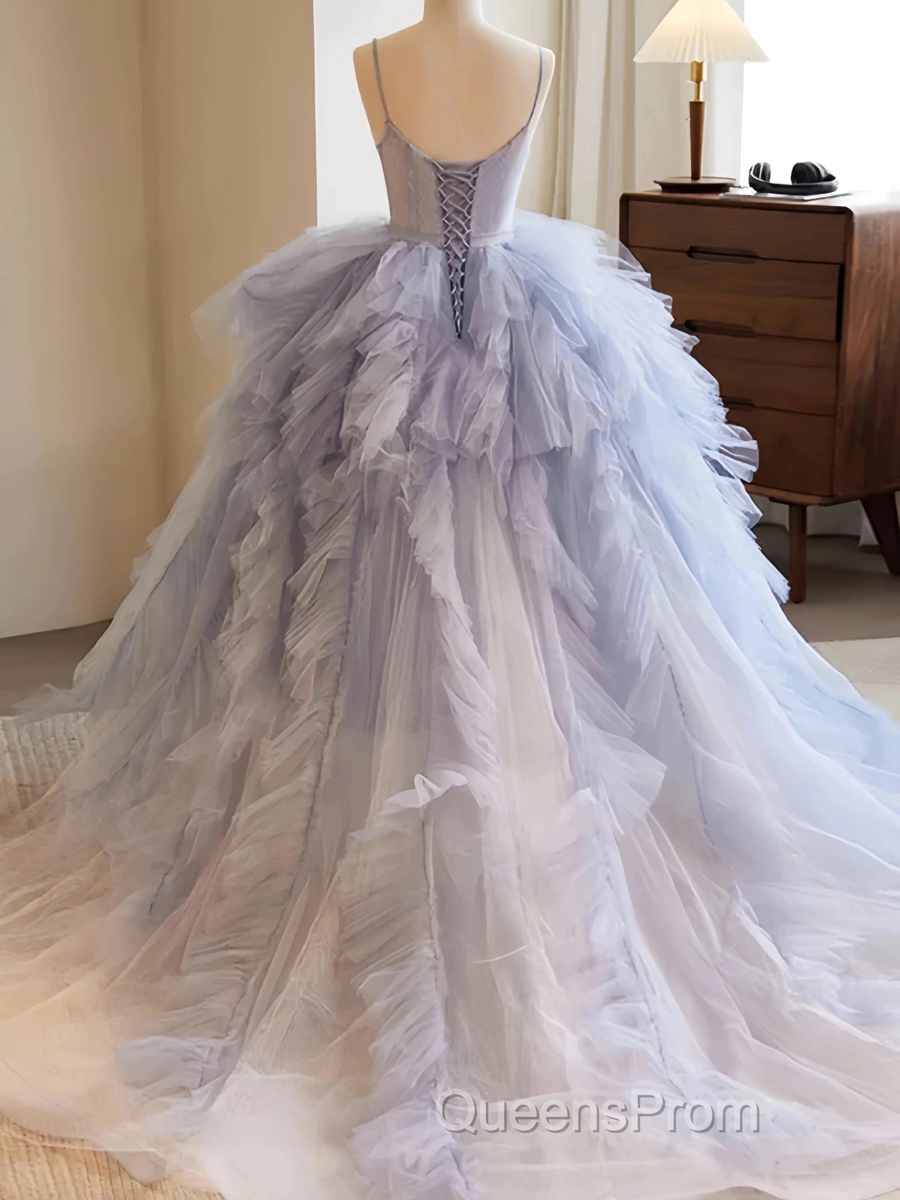 Ball Gown Ruffles Blue Tulle Lace Up Evening Prom Dress