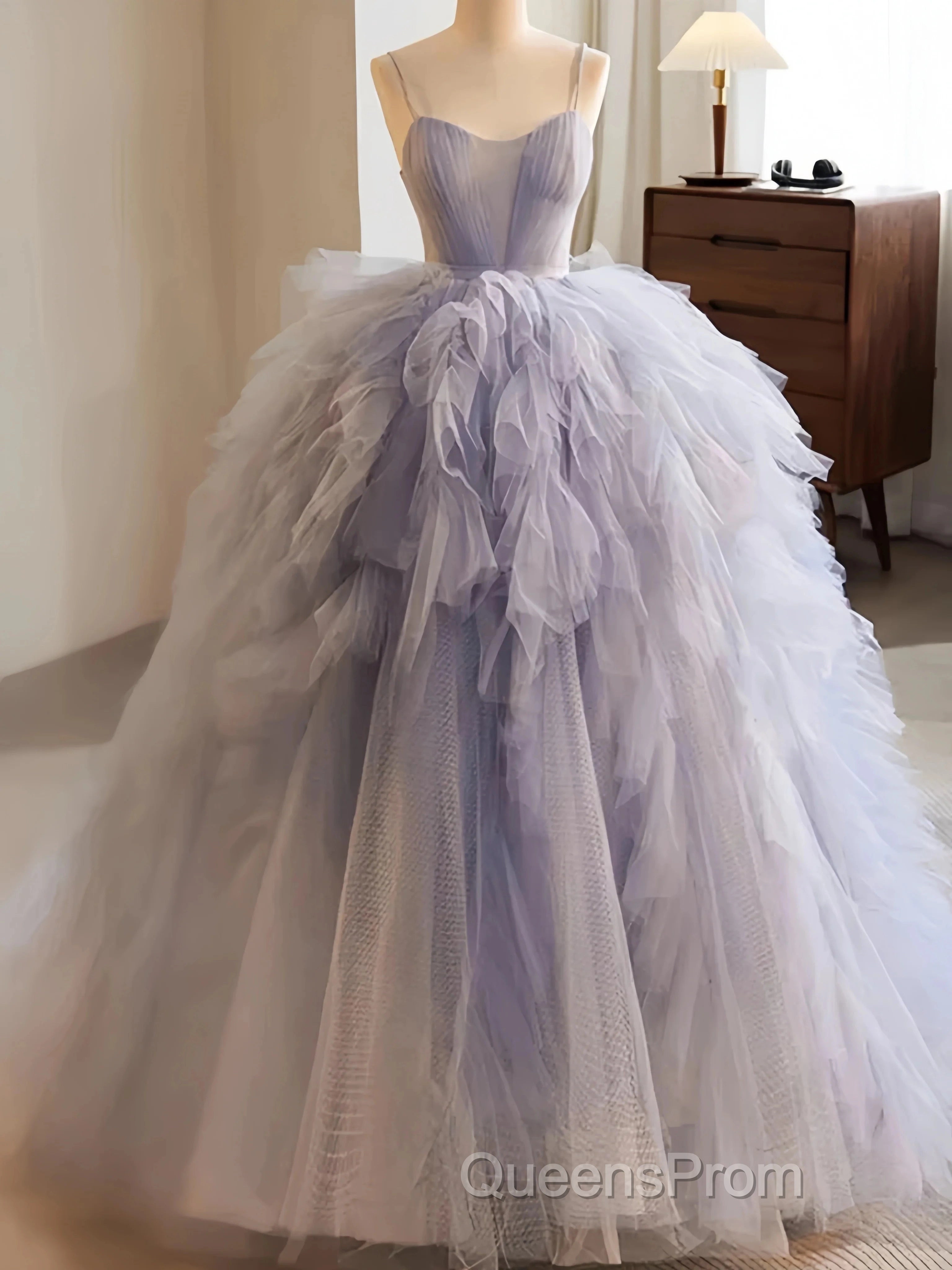 Ball Gown Ruffles Blue Tulle Lace Up Evening Prom Dress