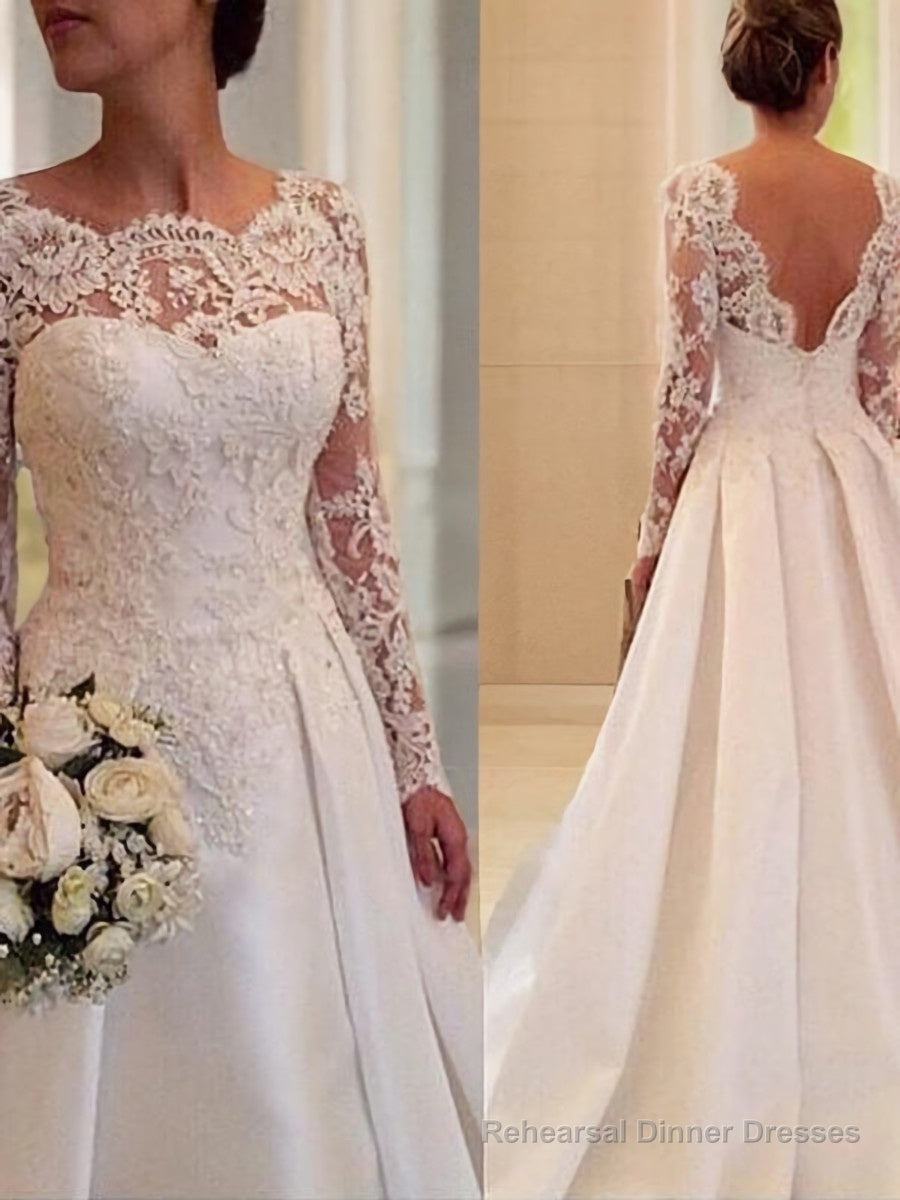 Ball Gown Scoop Court Train Satin Wedding Dresses With Lace Main image
