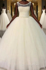 Ball Gown Scoop Floor-Length Tulle Wedding Dress With Beading