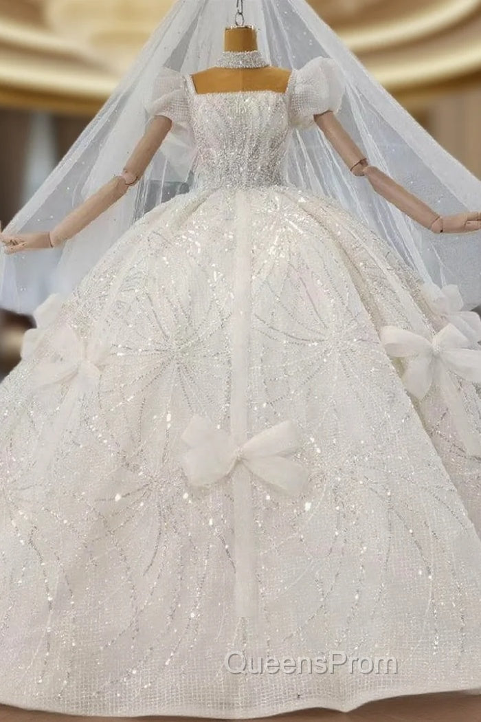 Ball Gown Sequins Square Puff Sleeve Bow Wedding Dress Main image