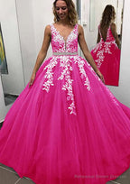 Ball Gown Sleeveless Long/Floor-Length Tulle Prom Dresses With Lace Appliqued Beading