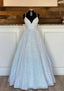 Ball Gown Sleeveless V Neck Long/Floor-Length Sequined Sparkling Prom Dresses With Pleated