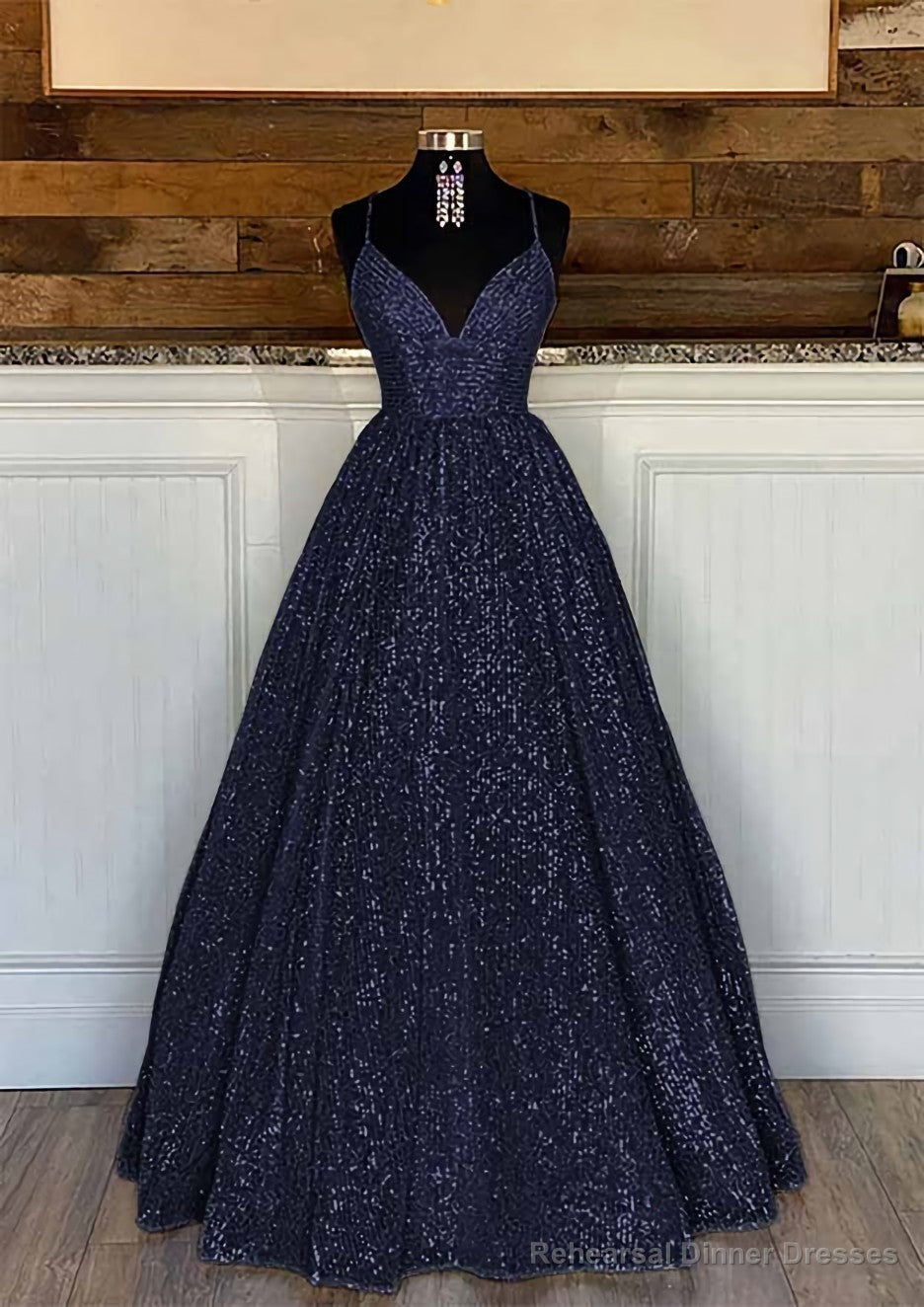 Ball Gown Sleeveless V Neck Long/Floor-Length Sequined Sparkling Prom Dresses With Pleated Secondary image