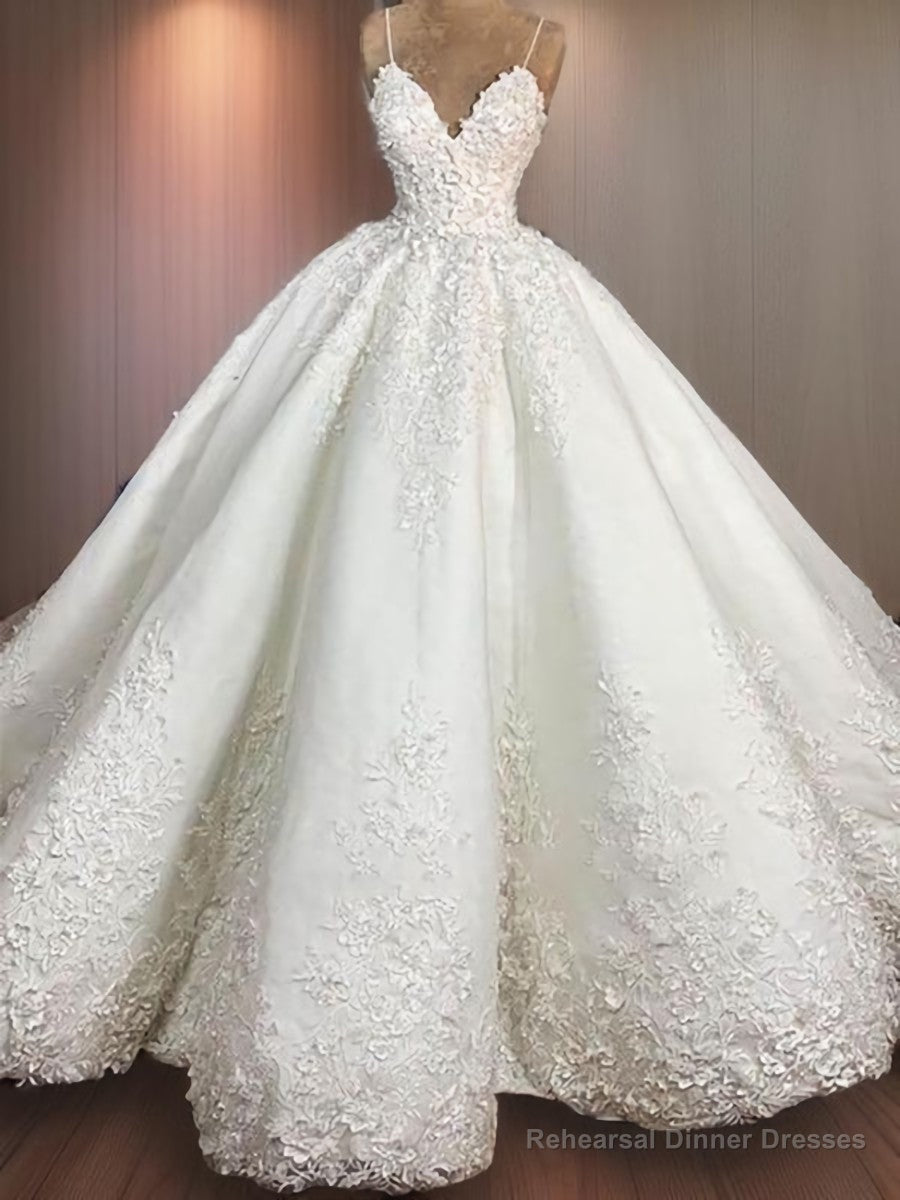 Ball-Gown Spaghetti Straps Applique Floor-Length Satin Wedding Dress Main image