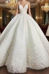Ball-Gown Spaghetti Straps Applique Floor-Length Satin Wedding Dress