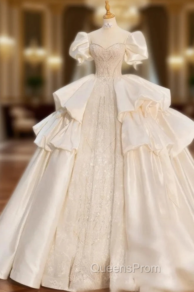 Ball Gown Square Beading Puff Sleeve Wedding Dress Main image