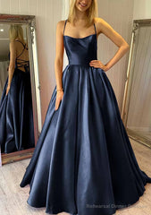 Ball Gown Square Neckline Sleeveless Satin Sweep Train Prom Dresses With Pleated Pockets