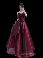 Ball Gown Strapless Burgundy Organza Evening Prom Dress Evening Dress