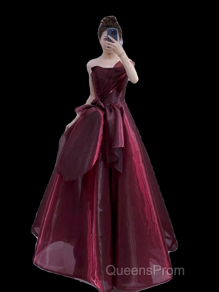 Ball Gown Strapless Burgundy Organza Evening Prom Dress Evening Dress