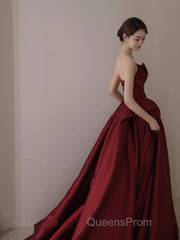 Ball Gown Strapless Burgundy Satin Evening Prom Dress Evening Dress