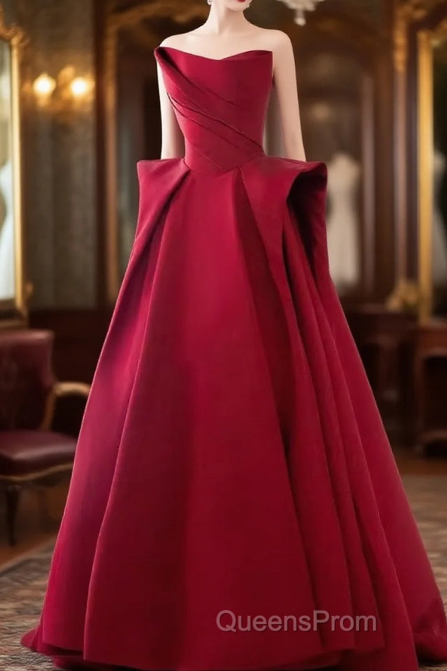 Ball Gown Strapless Burgundy Satin Evening Prom Dress Evening Dress Main image