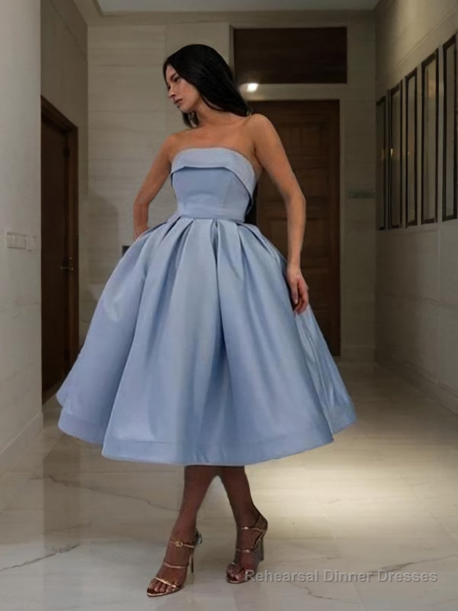 Ball Gown Strapless Tea-Length Satin Homecoming Dresses With Ruffles Main image
