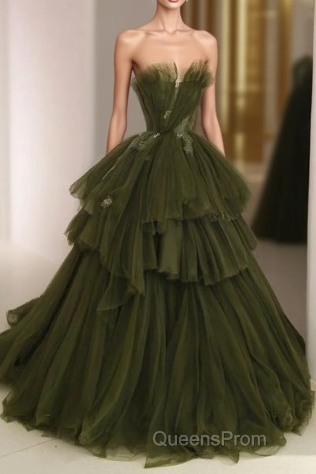 Ball Gown Strapless Tulle Long Green Evening Prom Dress Evening Dress Main image