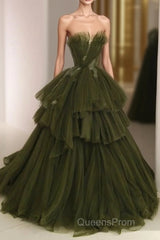 Ball Gown Strapless Tulle Long Green Evening Prom Dress Evening Dress