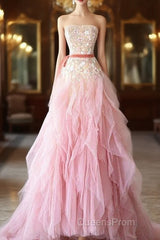 Ball Gown Strapless Tulle Long Pink Evening Prom Dress Evening Dress