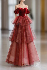 Ball Gown Strapless Tulle Long Red Evening Prom Dress Evening Dress