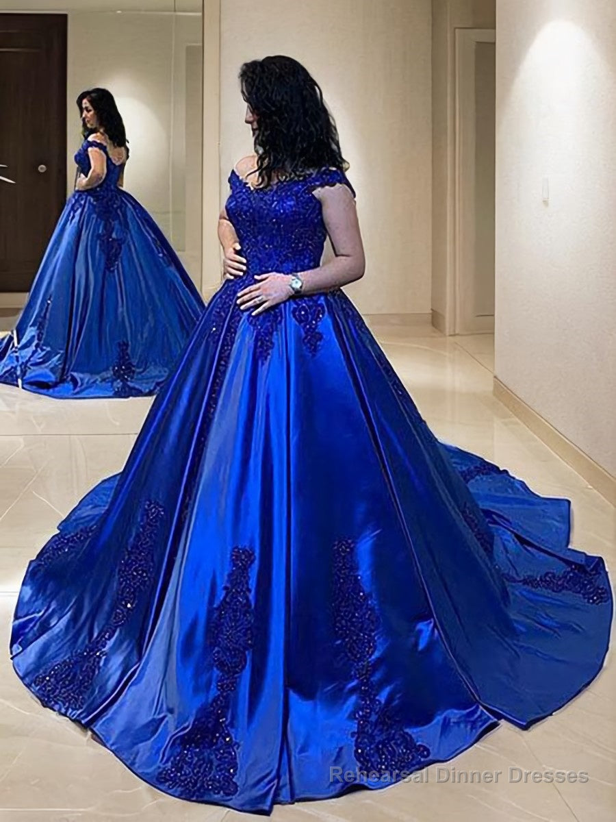 Ball Gown Straps Court Train Satin Evening Dresses With Appliques Lace Main image