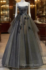 Ball Gown Straps Gray Tulle Long Evening Prom Dress Evening Dress