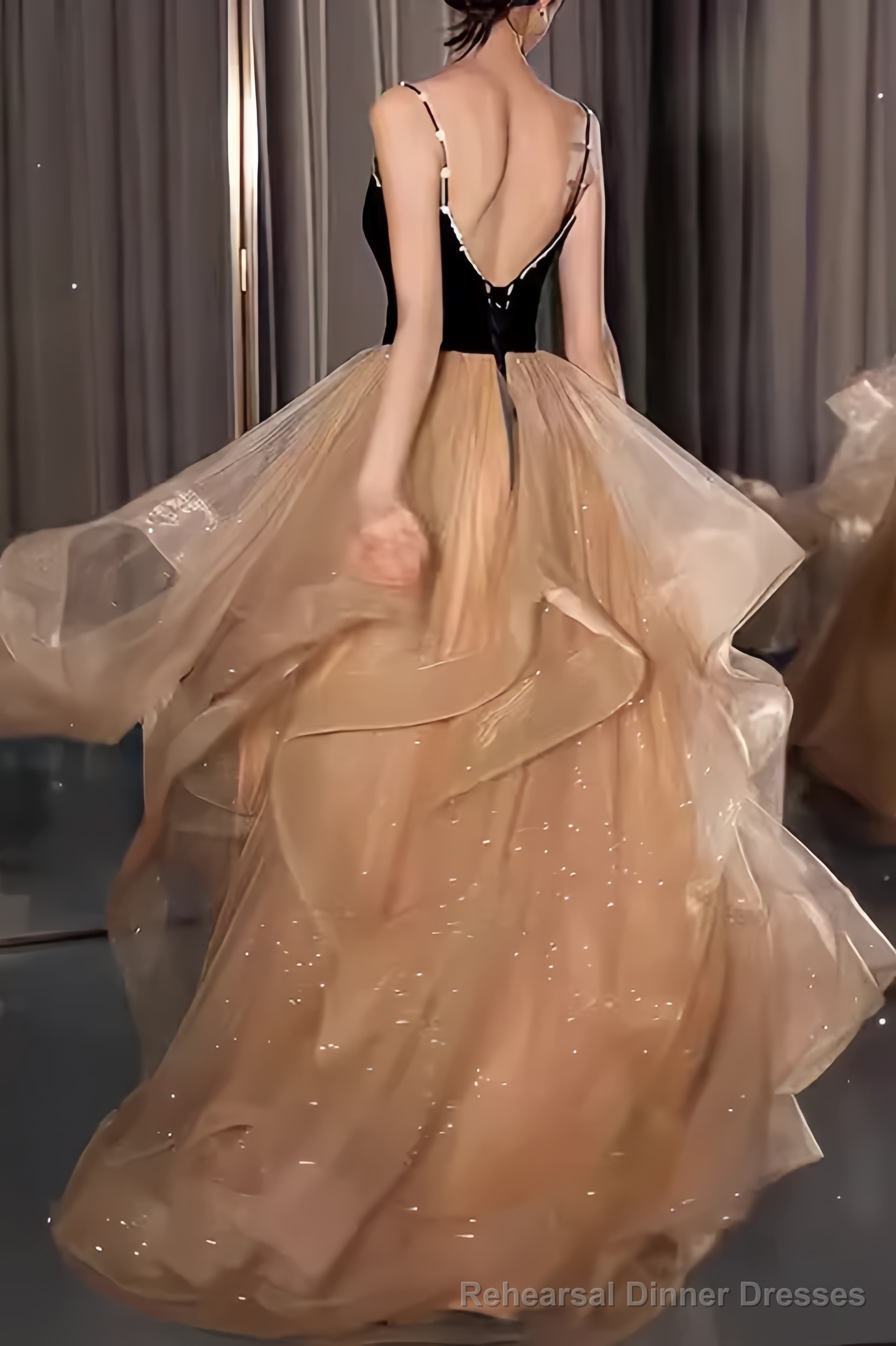 Ball Gown Straps Tulle Champagne Party Dress Long Prom Dress