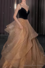 Ball Gown Straps Tulle Champagne Party Dress Long Prom Dress