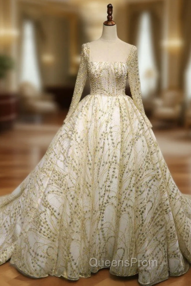 Ball Gown Tulle Gold Sequins Lace Long Sleeve Backless Wedding Dress With Long Train Main image