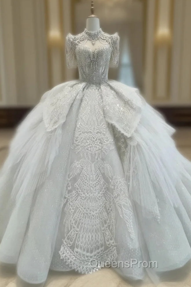 Ball Gown Tulle High Neck Beading Wedding Dress Main image