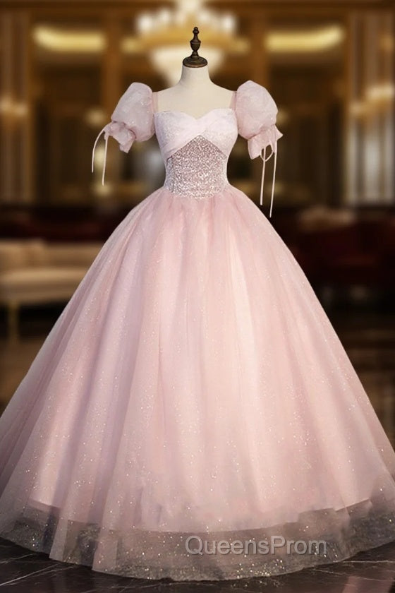 Ball-Gown Tulle  Pink Sweetheart Floor-Length Graduation Birthday Party Dress with Sequined Main image