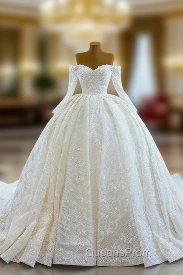 Ball Gown Tulle Sequins Long Sleeve Off the Shoulder Wedding Dress Main image
